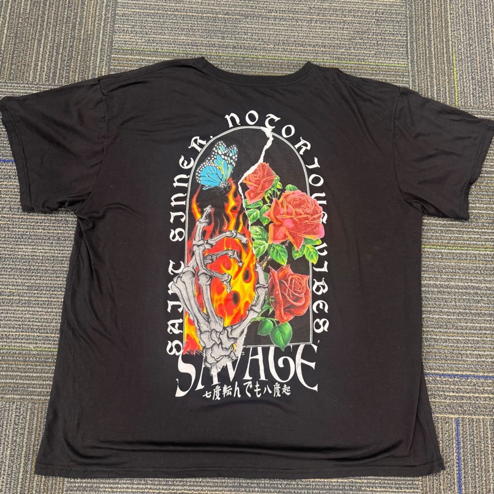 2 Monkeys Graphic T-Shirt Mens 3XL Black Excellent Saint Sinner Savage Skeleton - Picture 3 of 9